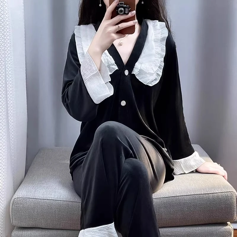 tpvl半边绒轻奢法式甜美宫廷睡衣女小香风秋冬长袖套装家居服新款