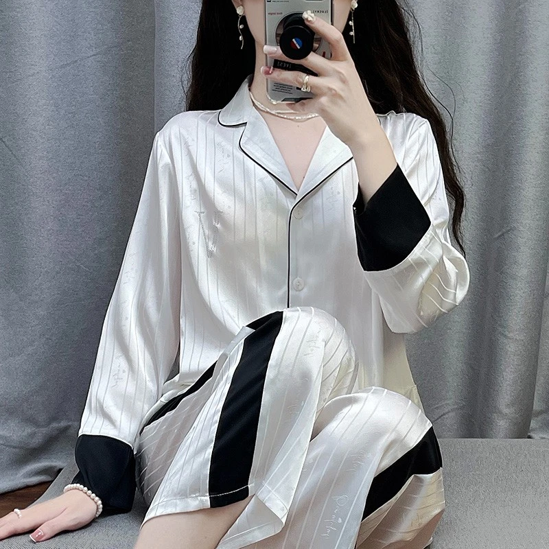 tpvl轻奢高级感条纹冰丝夏季撞色睡衣女春秋长袖黑白套装家居服薄