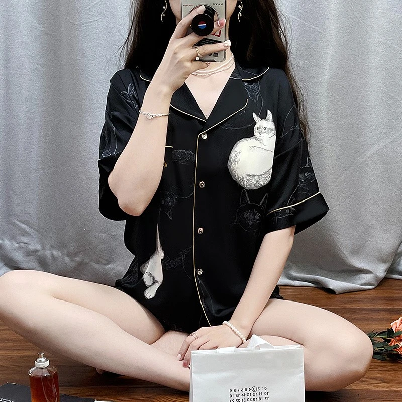 tpvl猫咪喵星人印花睡衣女夏季短袖短裤可爱卡通外穿黑色家居服
