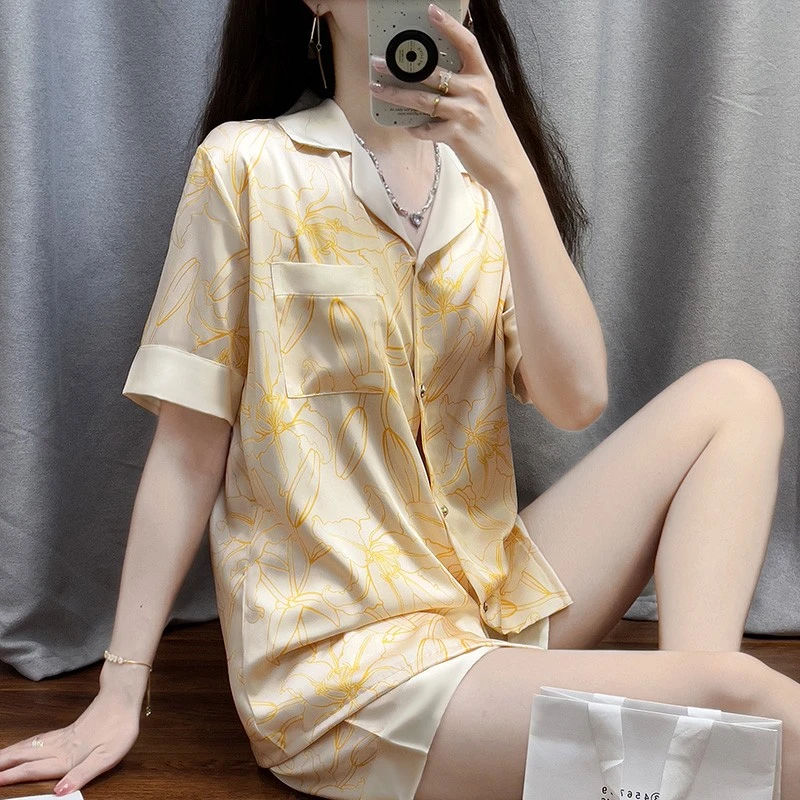 tpvl【原创设计】高级感睡衣女夏季鹅黄短袖短裤韩版家居服冰丝绸