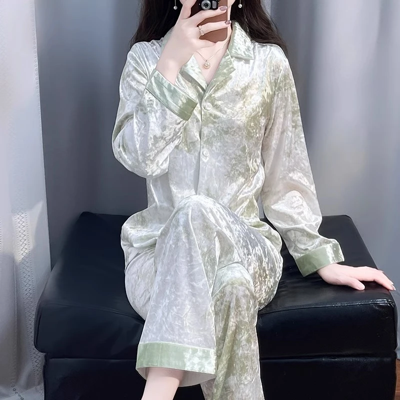 TPVL旗舰正品轻奢钻石丝绒睡衣女春秋秋冬家居服套装绿色2024新款