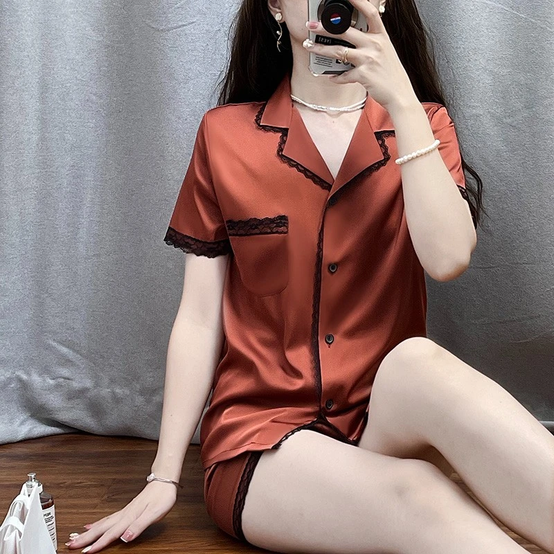 tpvl直播推荐简约咖色蕾丝边睡衣女夏季短袖短裤家居服高级感冰丝