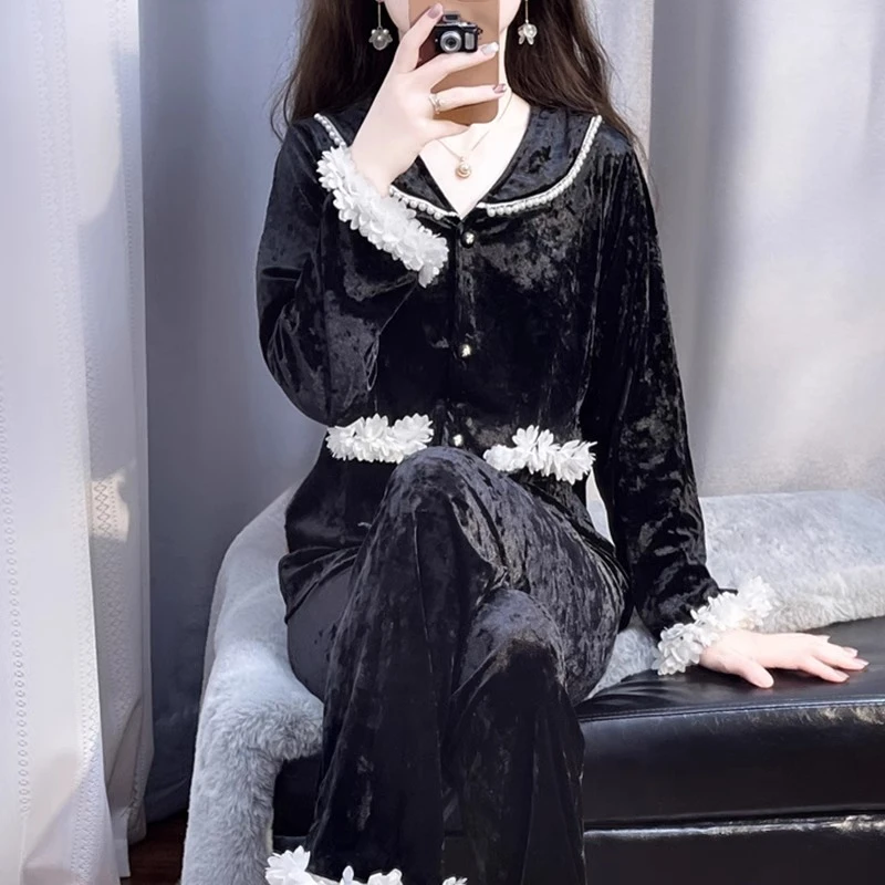 tpvl轻奢法式宫廷风钻石丝绒睡衣女秋冬季套装黑色家居服2025新款