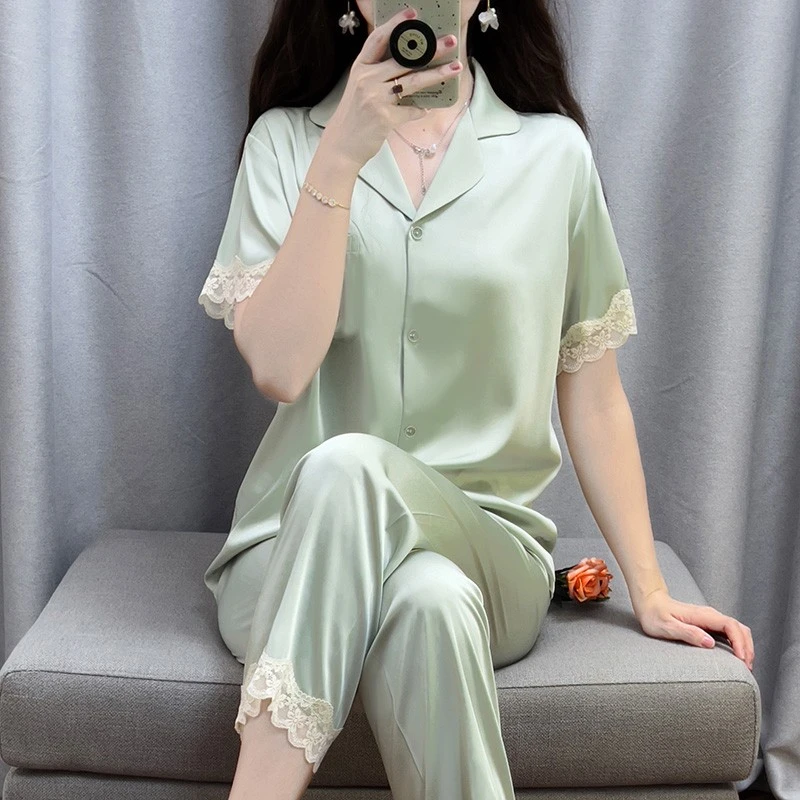 tpvl三件套天鹅闪钻蕾丝睡衣女夏短袖长裤冰丝薄甜美高级感家居服