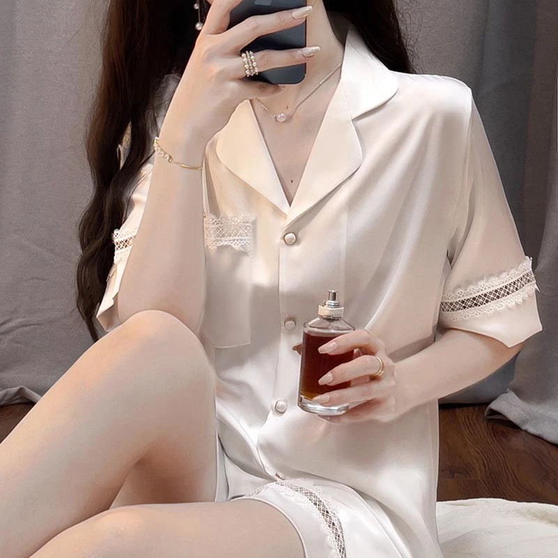 tpvl直播推荐高级感拼接蕾丝睡衣女夏冰丝网红短袖短裤外穿家居服