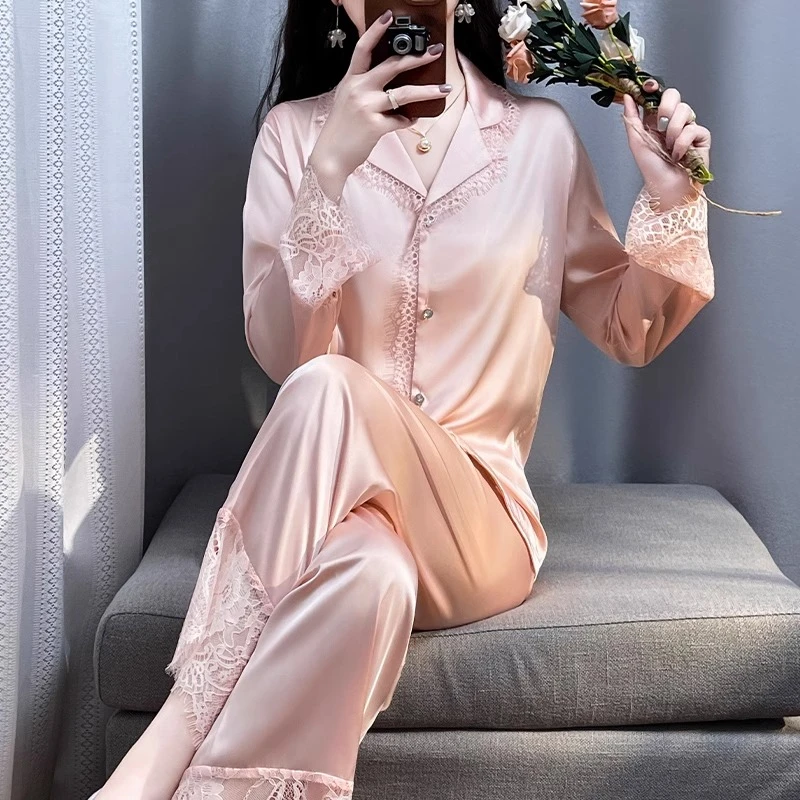 tpvl水光绸法式睡衣女春秋长袖夏季粉色薄款冰丝蕾丝边家居服套装