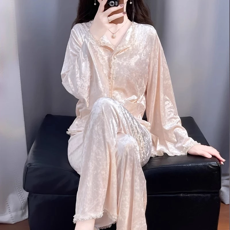 TPVL旗舰正品轻奢法式丝绒睡衣女春秋甜美秋冬家居服套装2025新款