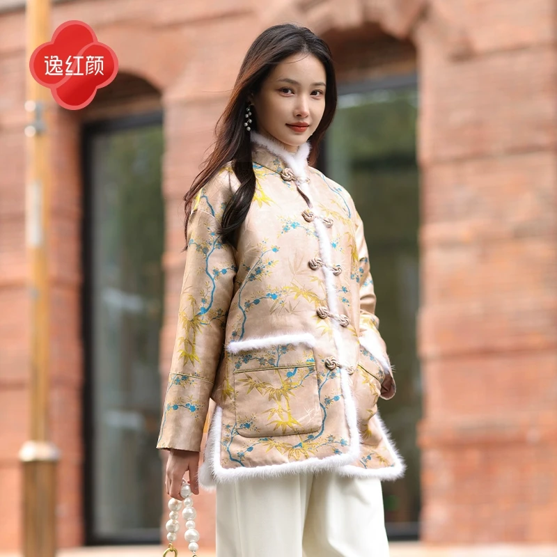 上海逸红颜疏萦2025年春装新品水貂毛边织锦棉衣棉服女新中式外套
