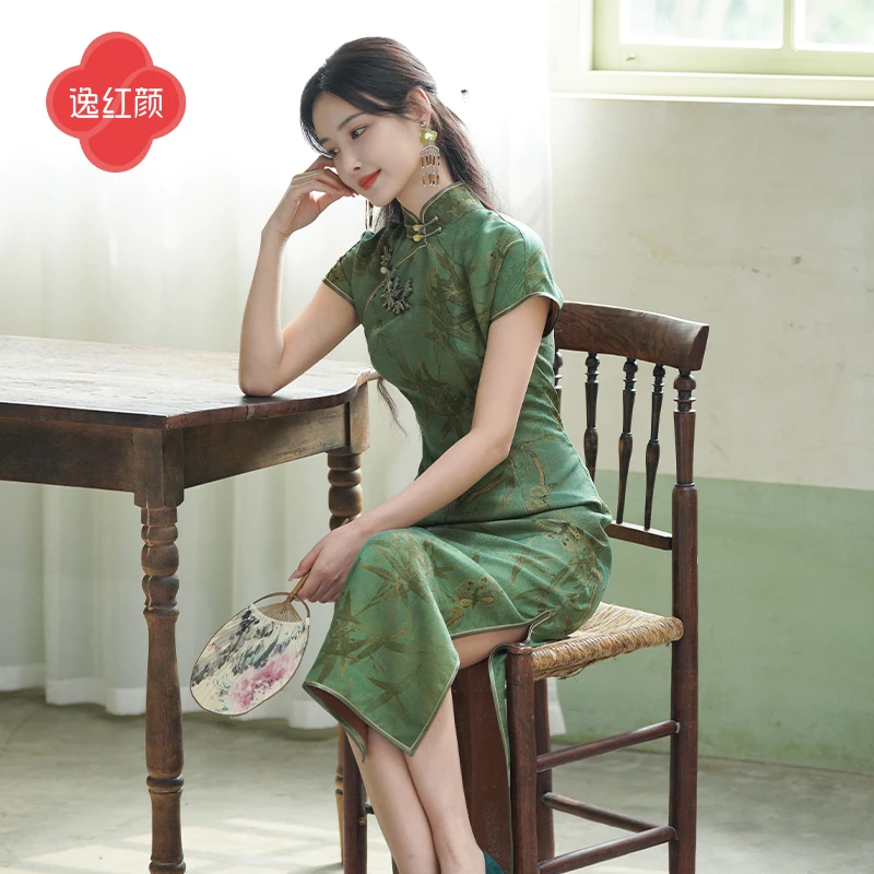 上海逸红颜 箓蝶 2025秋季新款 25姆米红云纱短袖旗袍女改良版
