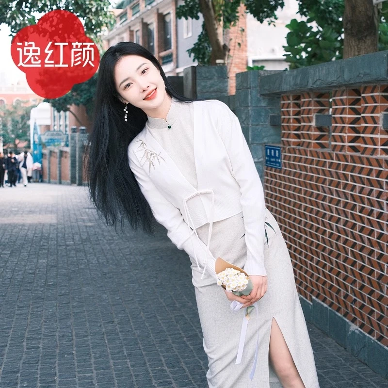 上海逸红颜书茵2025秋装新品竹叶刺绣羊毛针织小众设计开衫外套