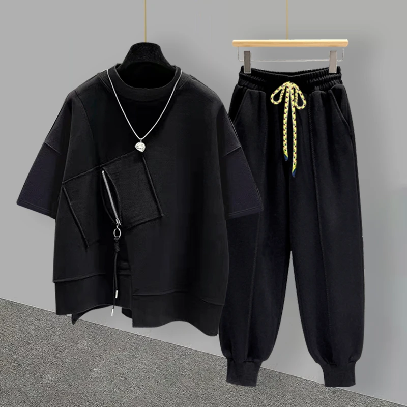 潮牌短袖套装男夏季ins潮流百搭拉链设计感学生宽松t恤搭配一整套