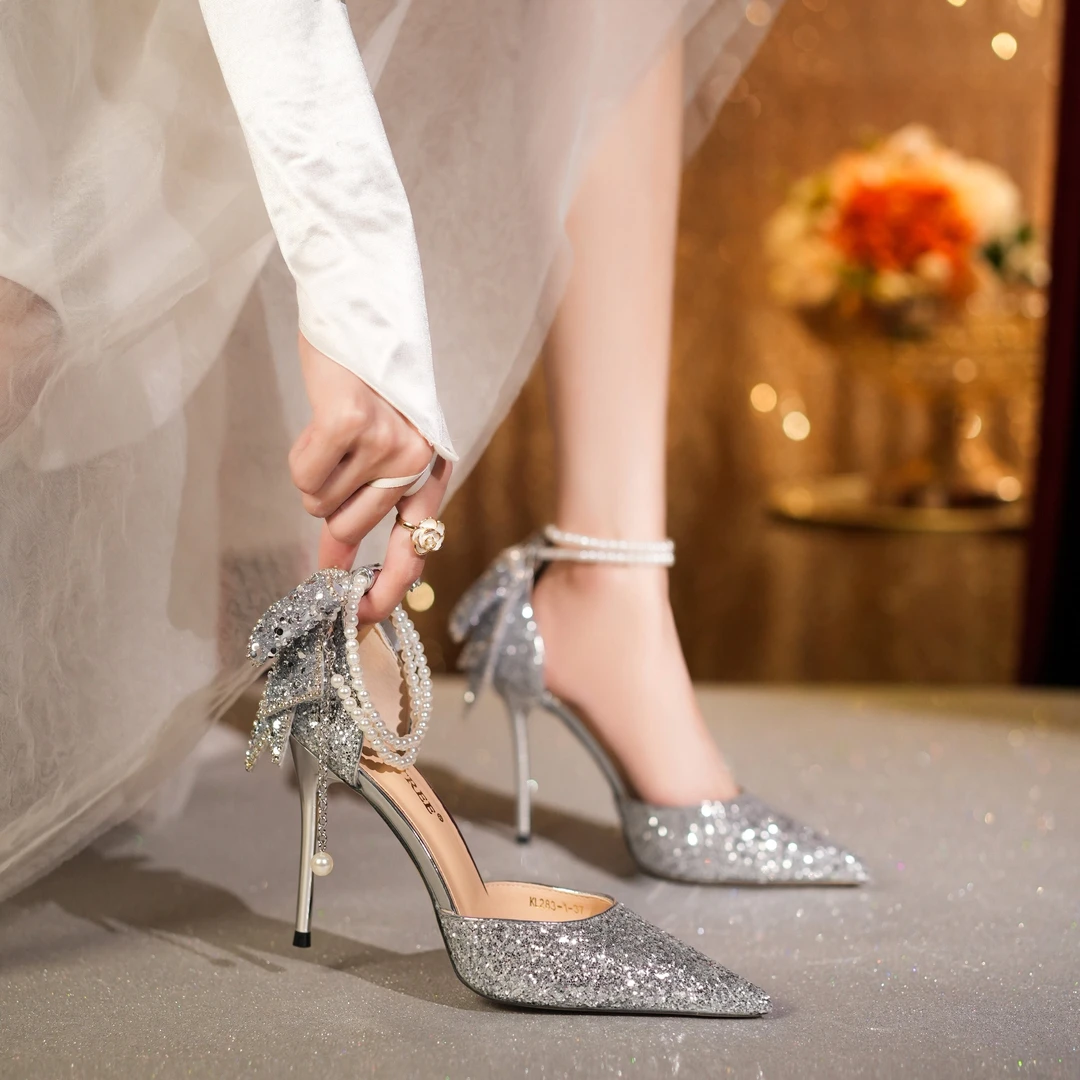 月朗星稀珍珠链凉鞋高跟鞋新款女十八岁生日礼物细跟水晶鞋婚礼