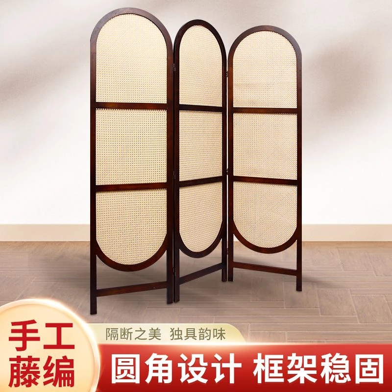 藤编中古屏风隔断网红遮挡家用办公室折叠移动实木日式ins玄关屏