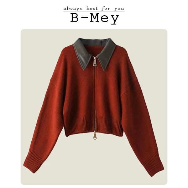 B-MEY  新款设计感纯色拉链皮翻领毛衣102113  AA