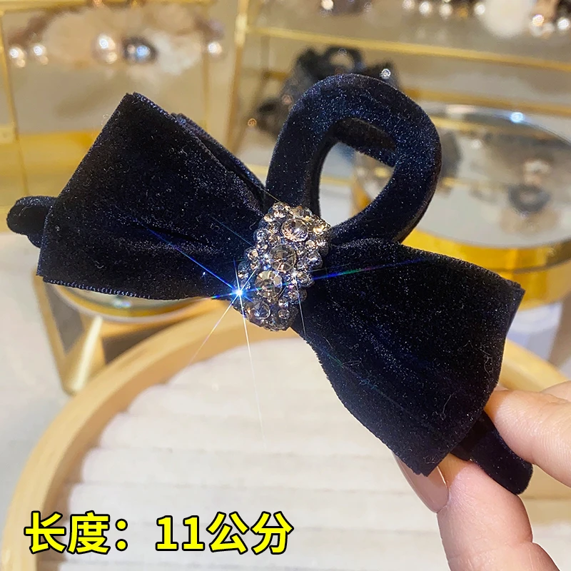 812暖冬新款黑色蝴蝶结丝绒抓夹气质优雅水钻鲨鱼夹大号发夹头饰