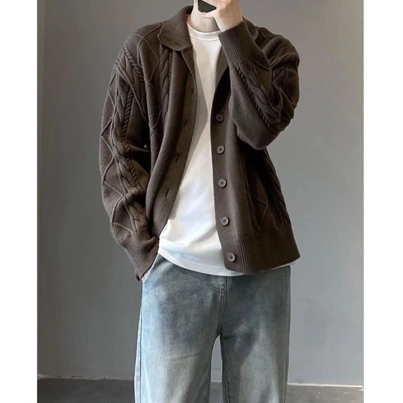 秋冬立领针织开衫男宽松韩系百搭保暖色毛衣简约韩版外套外套男