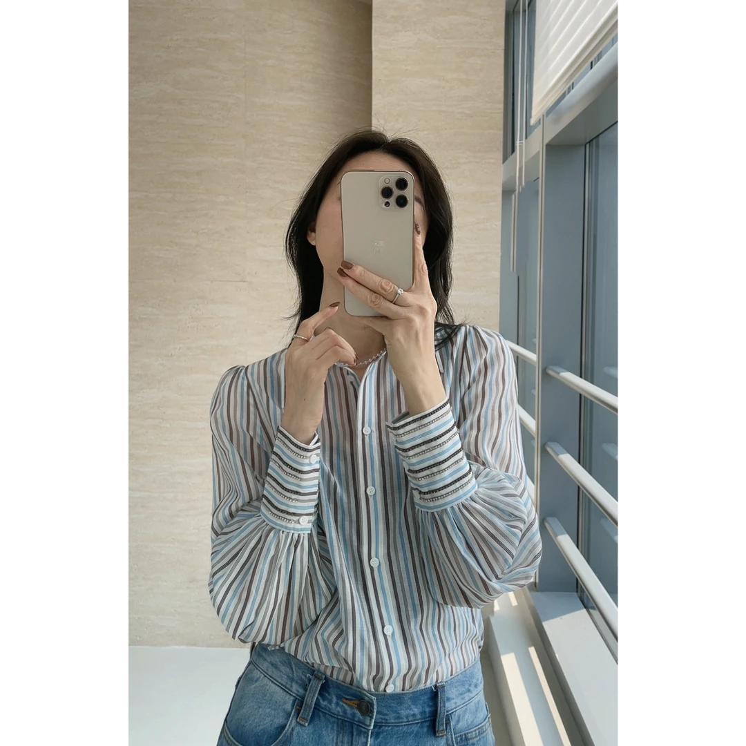 瑞瑞ANNYRUI【女神归来】法国原创设计师品牌时尚钉珠条纹长袖衬衫