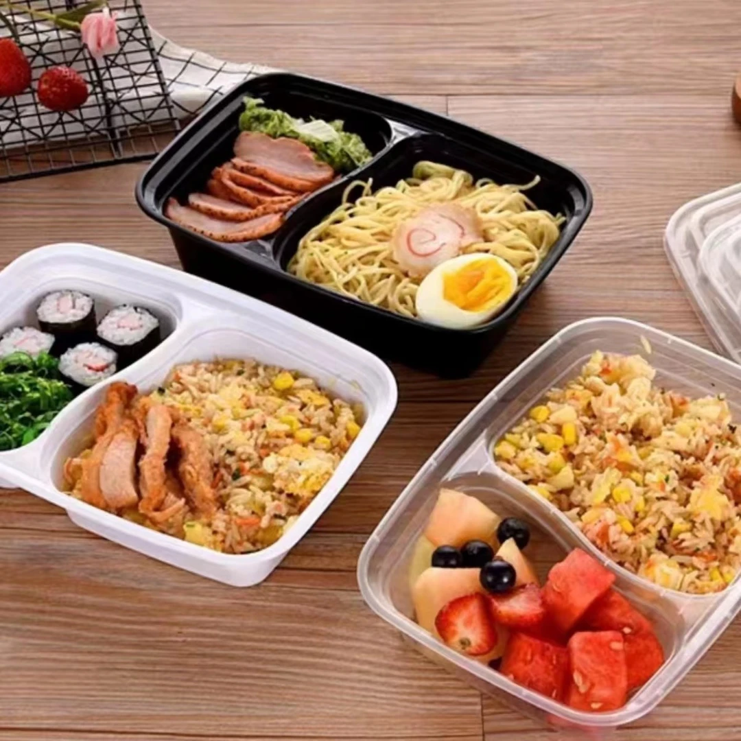 一次性打包盒方形两格黑色快餐盒塑料美式餐盒饭盒白色食品外卖盒