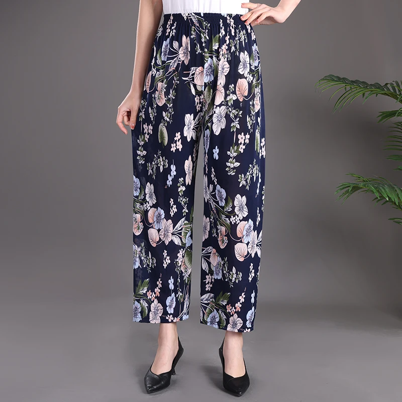 直筒休闲妈妈裤阔腿裤大码高腰中老年夏季薄款宽松女裤妈妈装碎花