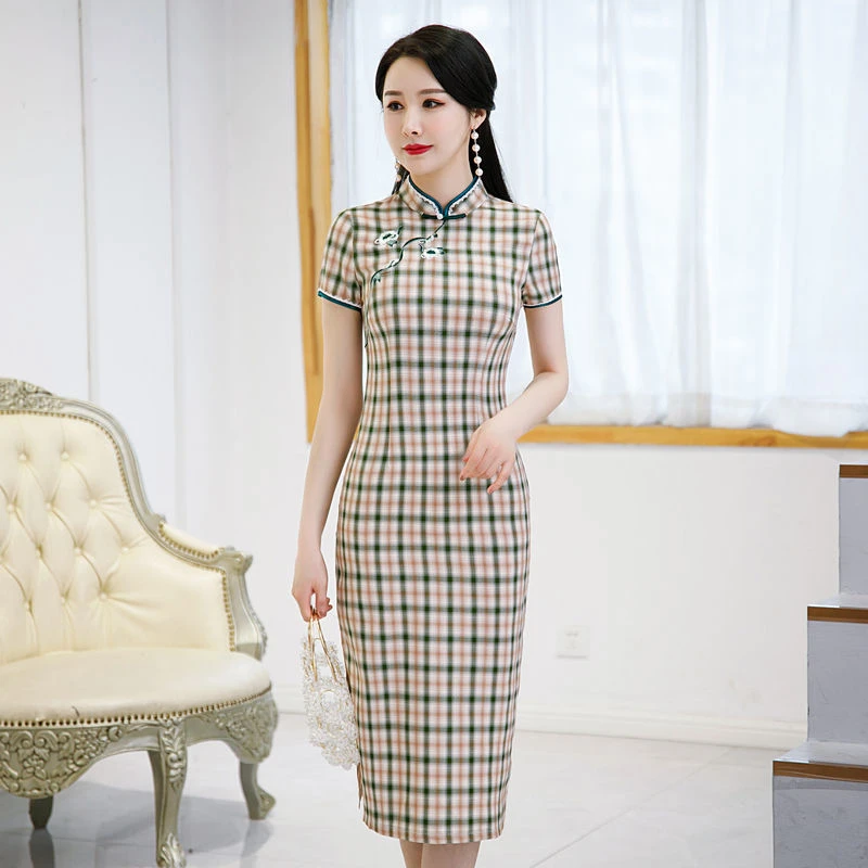 2115格子文艺中长旗袍中国风夏季短款妈妈装清新气质旗袍大码