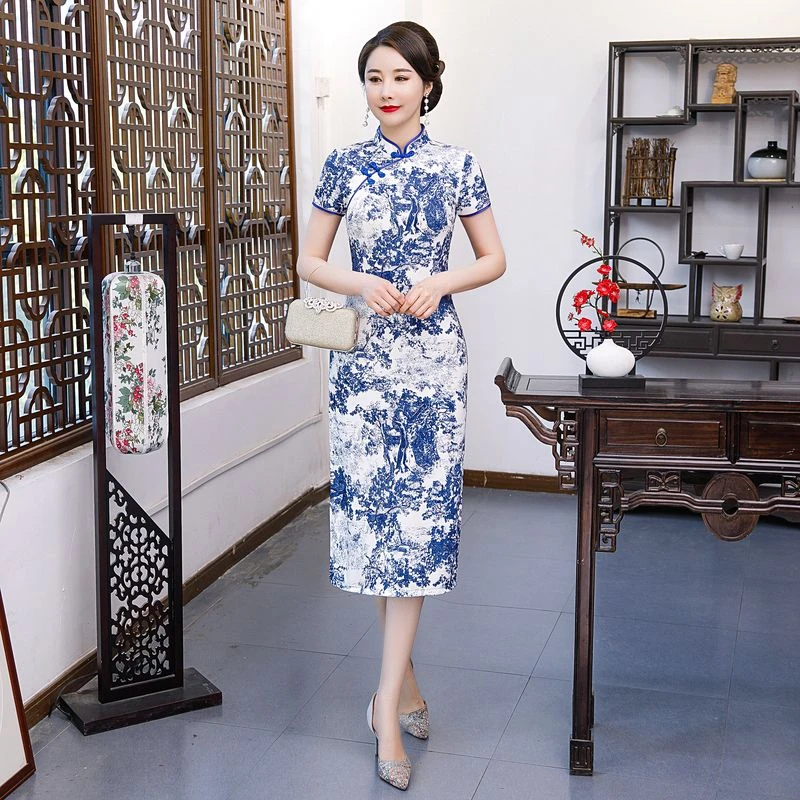 2105夏季中长款青花瓷针织复古中国风高贵雅致改良旗袍高级感气质