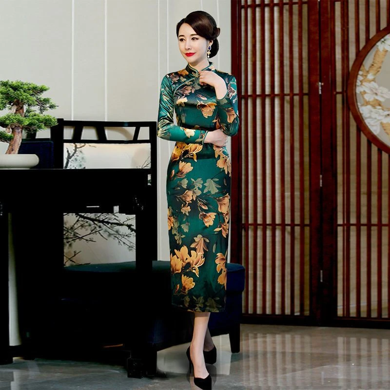 秋季大长款烫金旗袍显瘦气质复古加绒修身加厚中国风印花走秀优雅