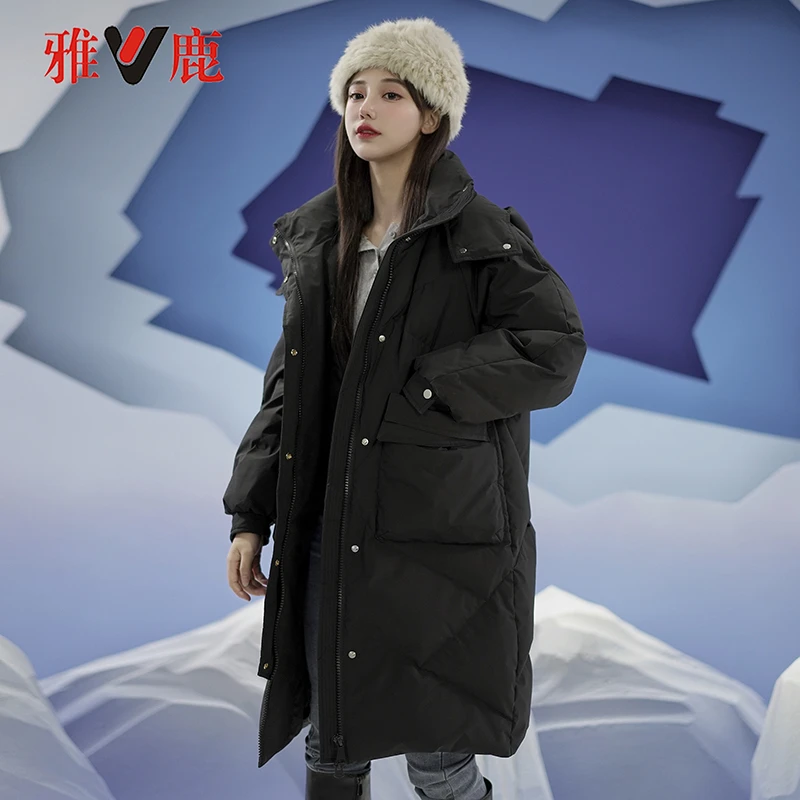 V/雅鹿【加厚防风】工装连帽可脱卸帽羽绒服女长款2023新宽松保暖