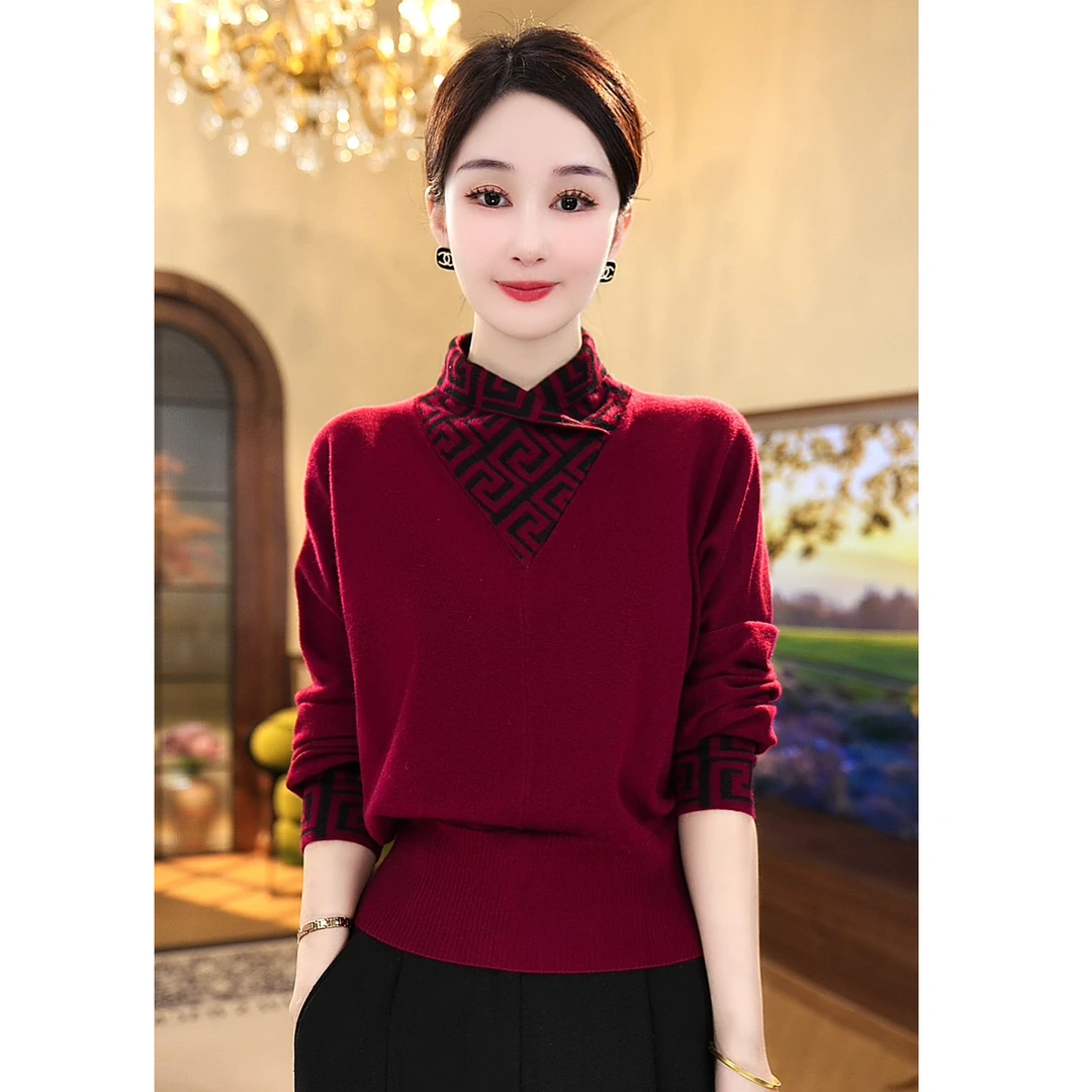 唐熹2024秋冬新款【3985】含绵羊毛洋气高级感半高领红色针织上衣xd