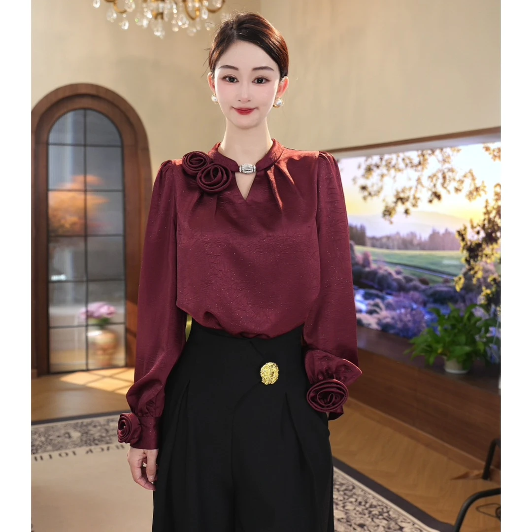 唐熹现货2025新款【X24-Q270】时尚气质高级优雅红色长袖衬衫上衣