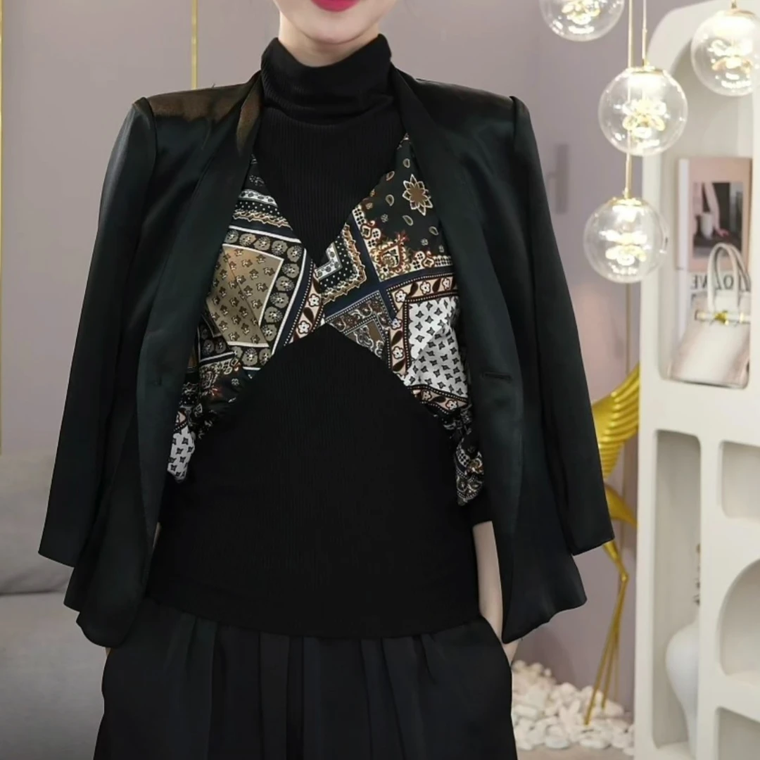 现货2025春秋季【1001】气质缎面时尚百搭黑色西装短款纯色短外套女