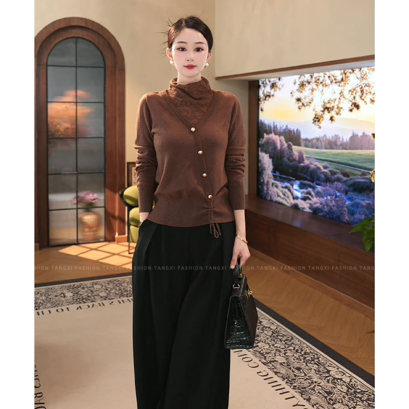 唐熹现货2025秋冬新款【6190】含绵羊毛咖色套头纽扣针织衫抽绳上衣