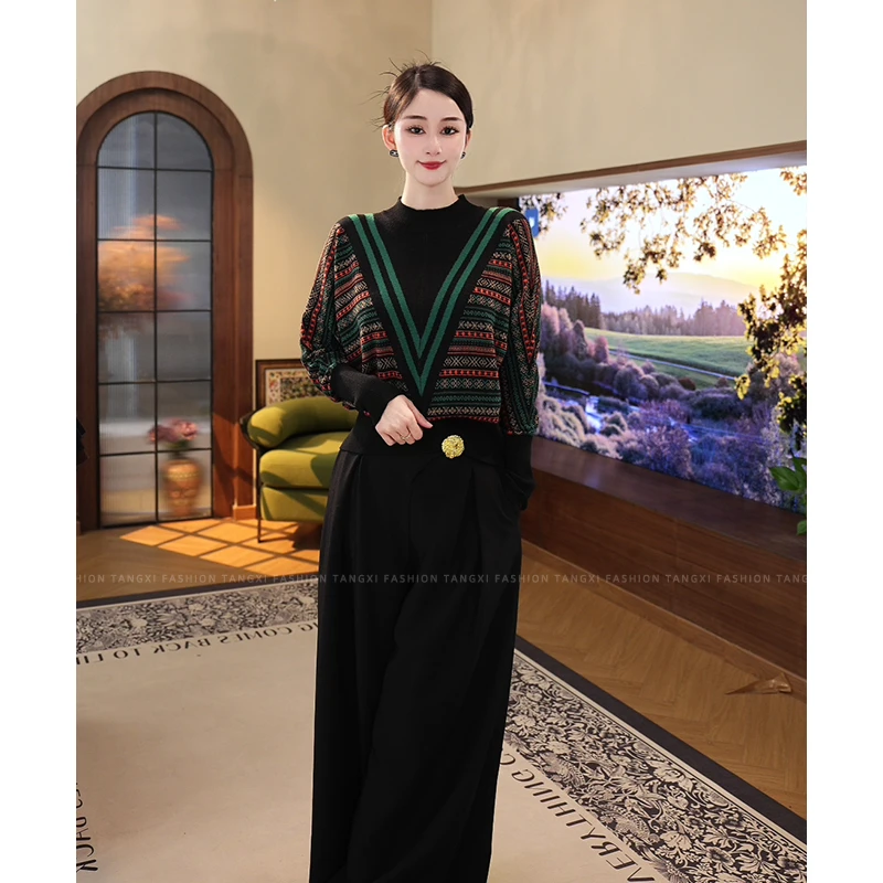 唐熹预售2025秋冬新款【6800】含绵羊毛高级绿拼黑色套头针织衫毛衣