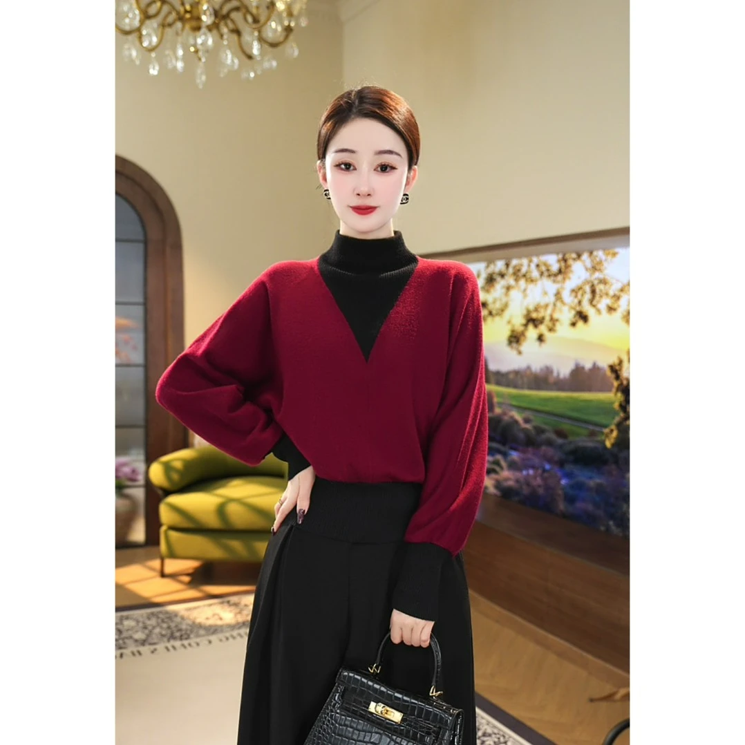 预售2024年春季【3096】含绵羊毛小众高级时尚百搭红色长袖针织衫女