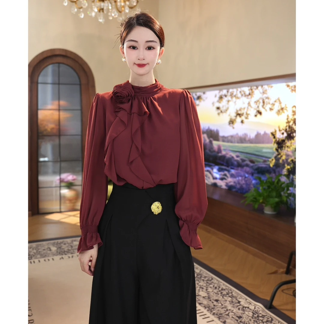 唐熹现货2025年秋冬新款【5927】轻奢气质时尚酒红色长袖衬衫上衣女