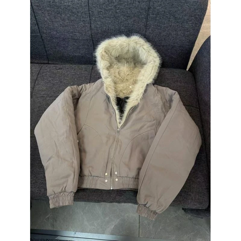 A203 冬季美式街头潮流短款毛领棉衣中性风街头解构款棉服外套