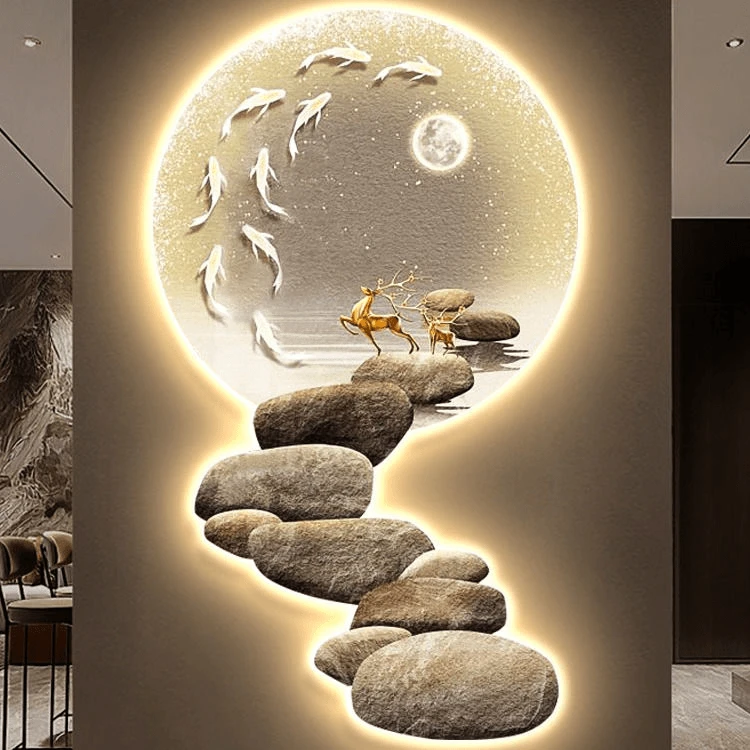 金石福禄玄关发光装饰画入户LED灯光画现代轻奢充电感应过道挂画