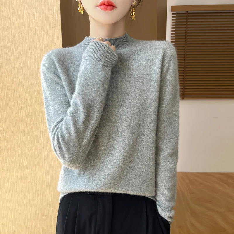 【100%山羊绒】针织衫毛衣打底衫长袖百搭女宽松半高领纯色圆领D004