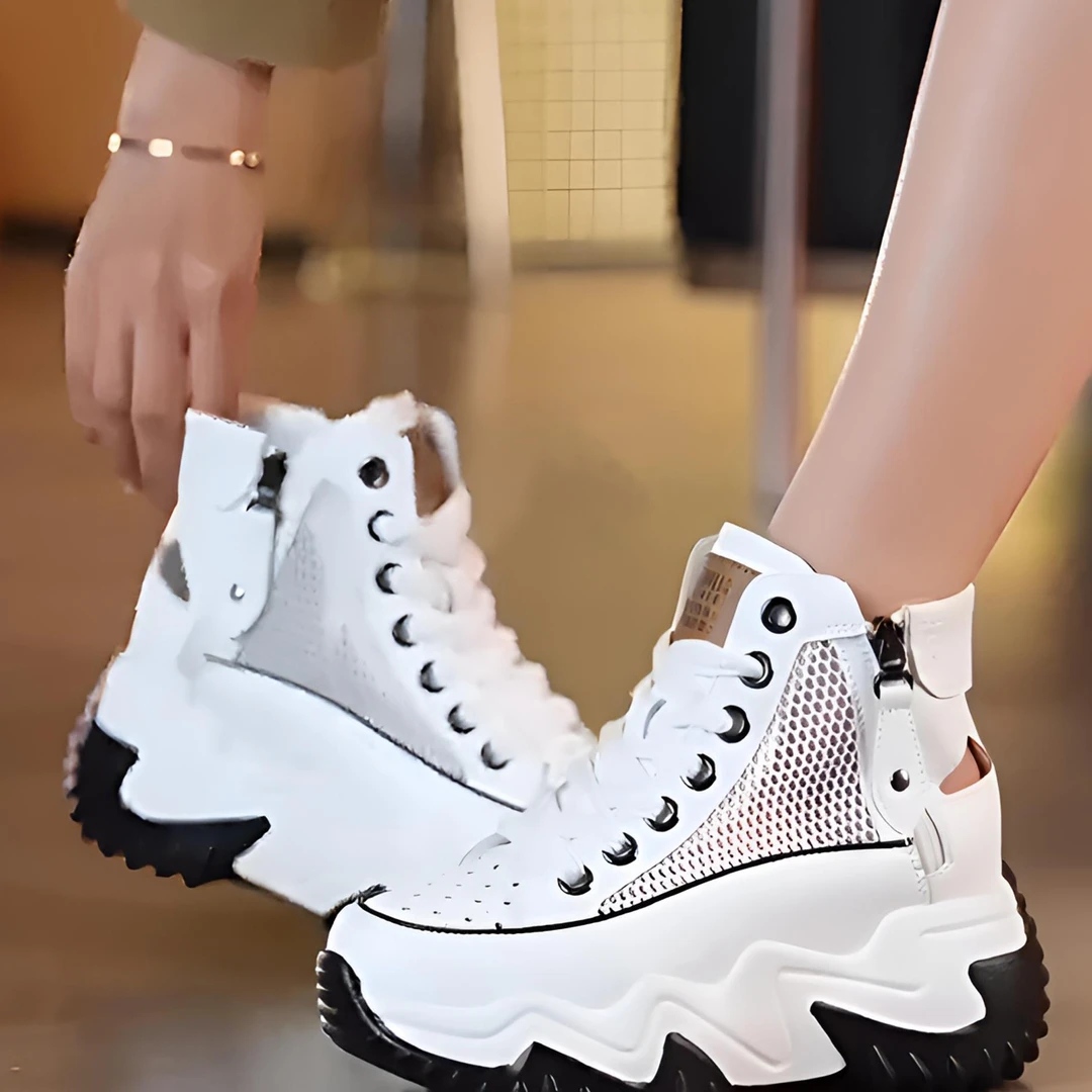 夏季高帮运动女鞋休闲百搭皮面时尚透气鞋网面显瘦增高厚底跑鞋女
