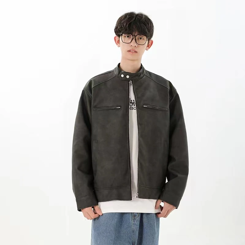 秋季新品 美式复古 宽松简约 休闲百搭 情侣学院风 立领皮衣外套