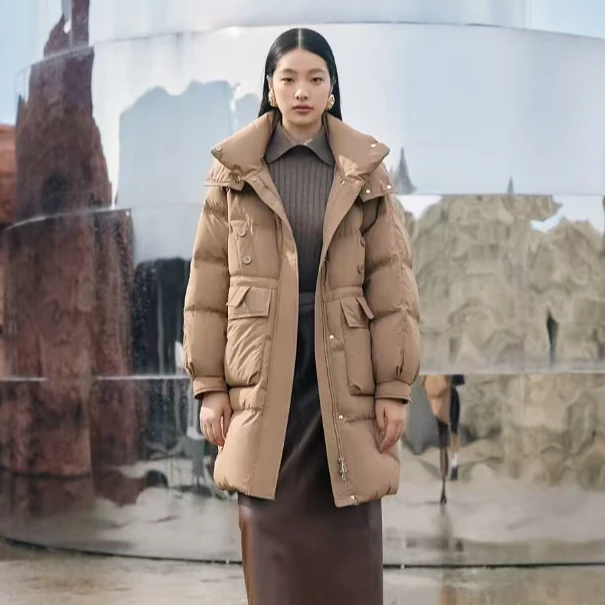 百靓苑 823Y071中长款高端美式复古时尚百搭极寒白鸭绒羽绒服