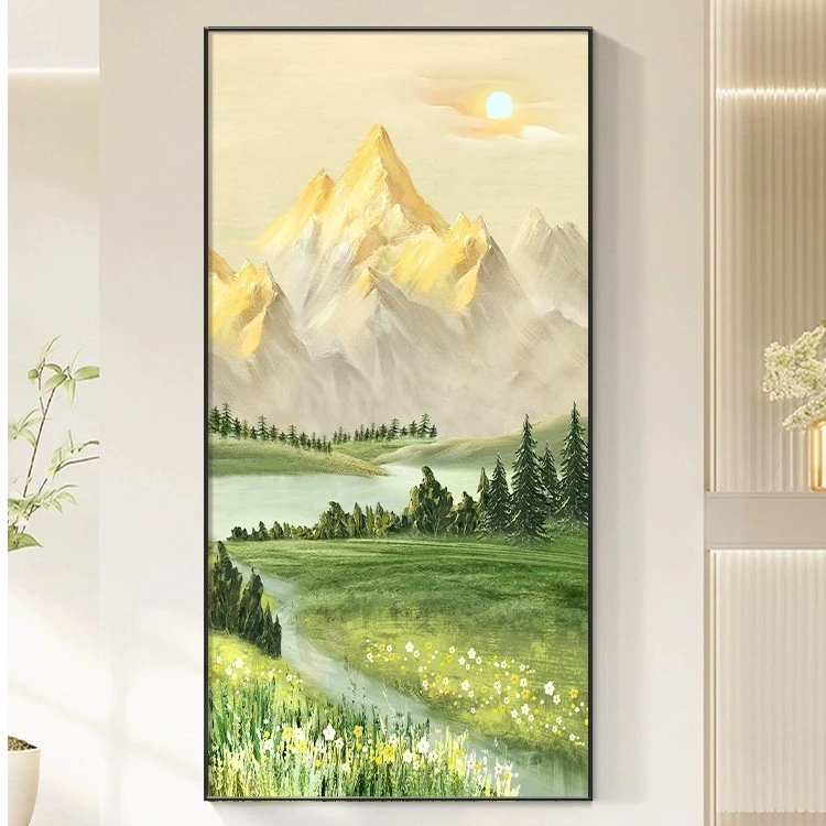 日照金山入户玄关装饰画挂画客厅走廊过道风景画正对门竖版山水画