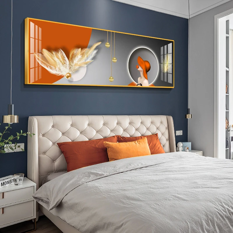 北欧风卧室装饰画橙色美女现代轻奢房间主卧横幅壁画宾馆床头挂画