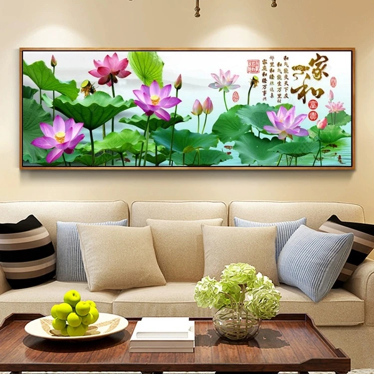 中国风客厅沙发背景墙上装饰画招财荷花九鱼图挂画壁画横版晶瓷画