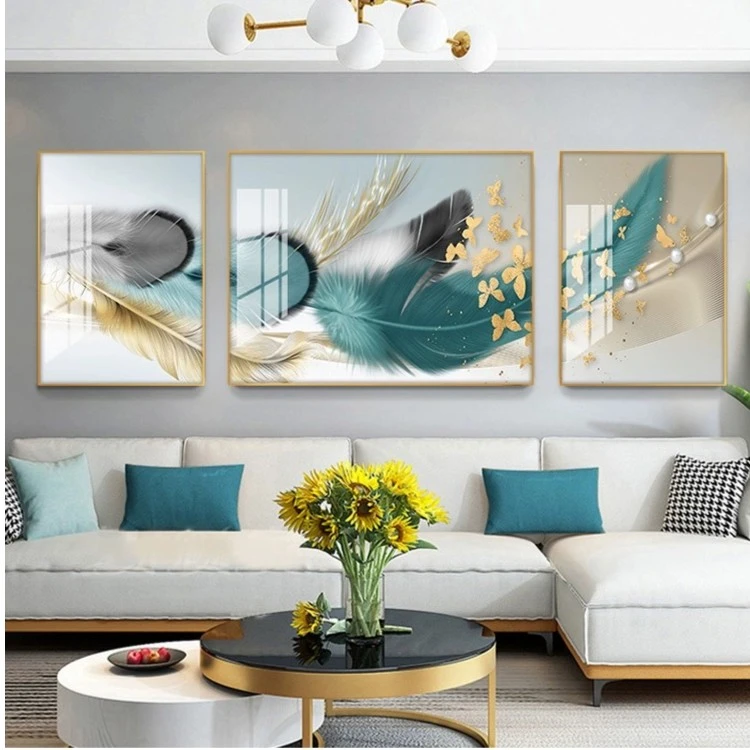 羽毛轻奢高端晶瓷画现代抽象镶钻三联画大气客厅沙发背景墙面定做