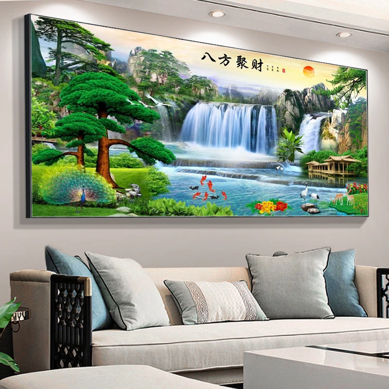 八方聚财客厅背景墙挂画沙发背景墙家居饰品钻石画装饰画茶室装饰