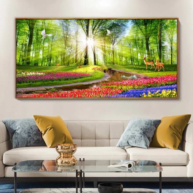 现代森林树木风景画客厅装饰画花草阳光小路清新挂画餐厅卧室墙画