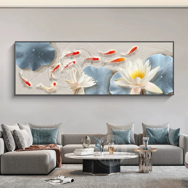 九鱼图客厅装饰画沙发背景墙壁画高档挂画荷花横幅客厅背景墙挂画