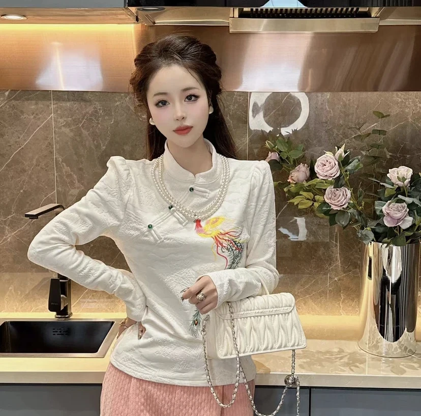 凤起玉鸣（凤栖梧桐）原创新中式国风拉绒猫眼扣刺绣上衣