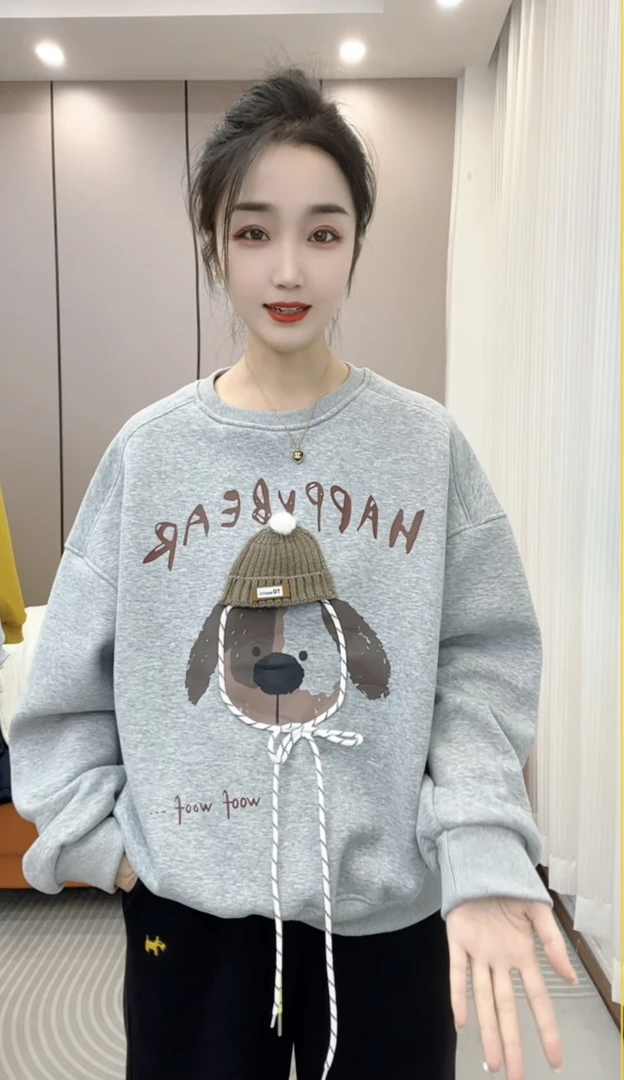 澳粒绒高品质重工加绒加厚时尚休闲百搭韩版圆领加绒卫衣女