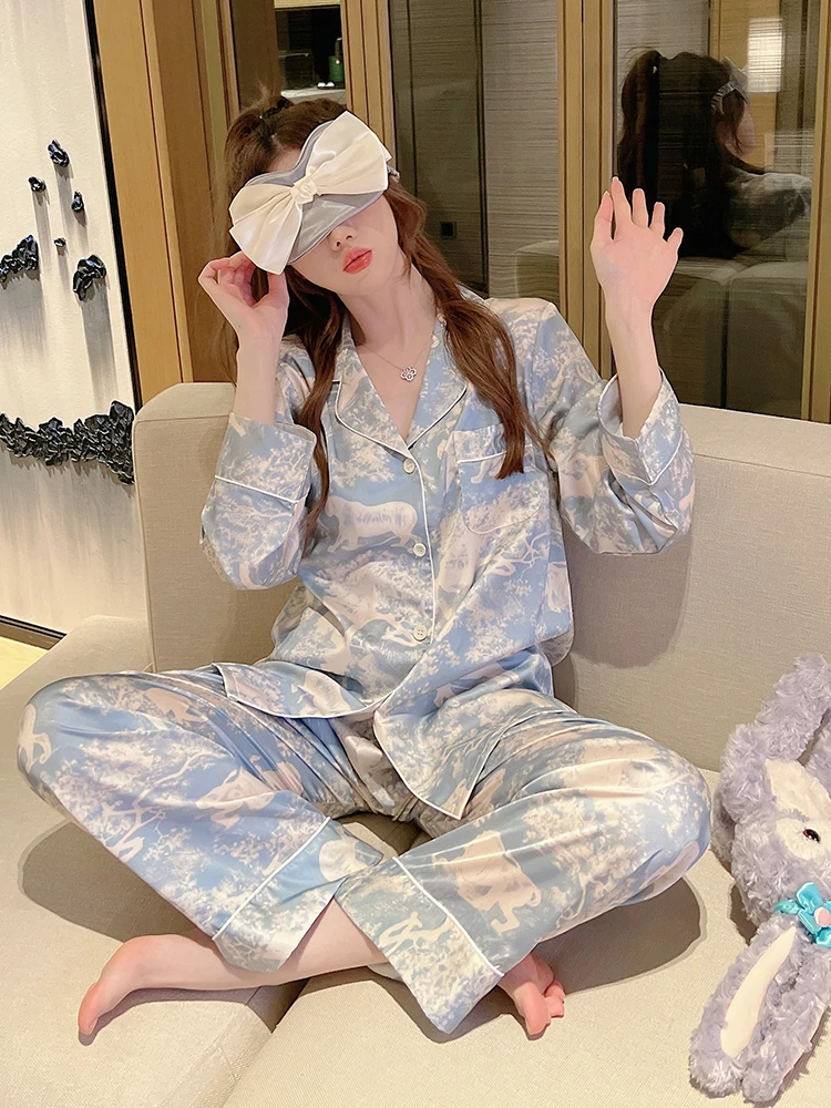 轻奢高级感星座花园印花睡衣女冰丝春夏薄款长袖网红风高定家居服